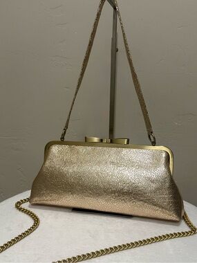 Gold Leather Handmade “Bow” Shaped Kisslock Frame Large Clutch, Baguette Bag